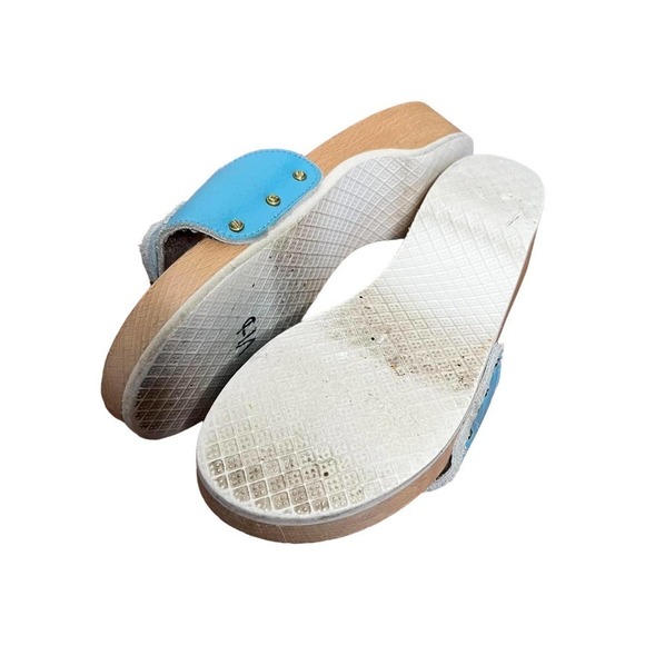 VINTAGE Dr. School's The Original Wood Sandals Slides Blue Leather - Picture 7 of 7
